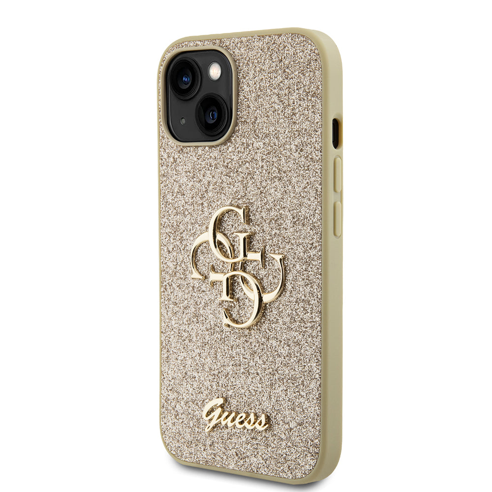 Pouzdro pro Apple iPhone 15, Guess, Glitter Big 4G Script, Zlaté