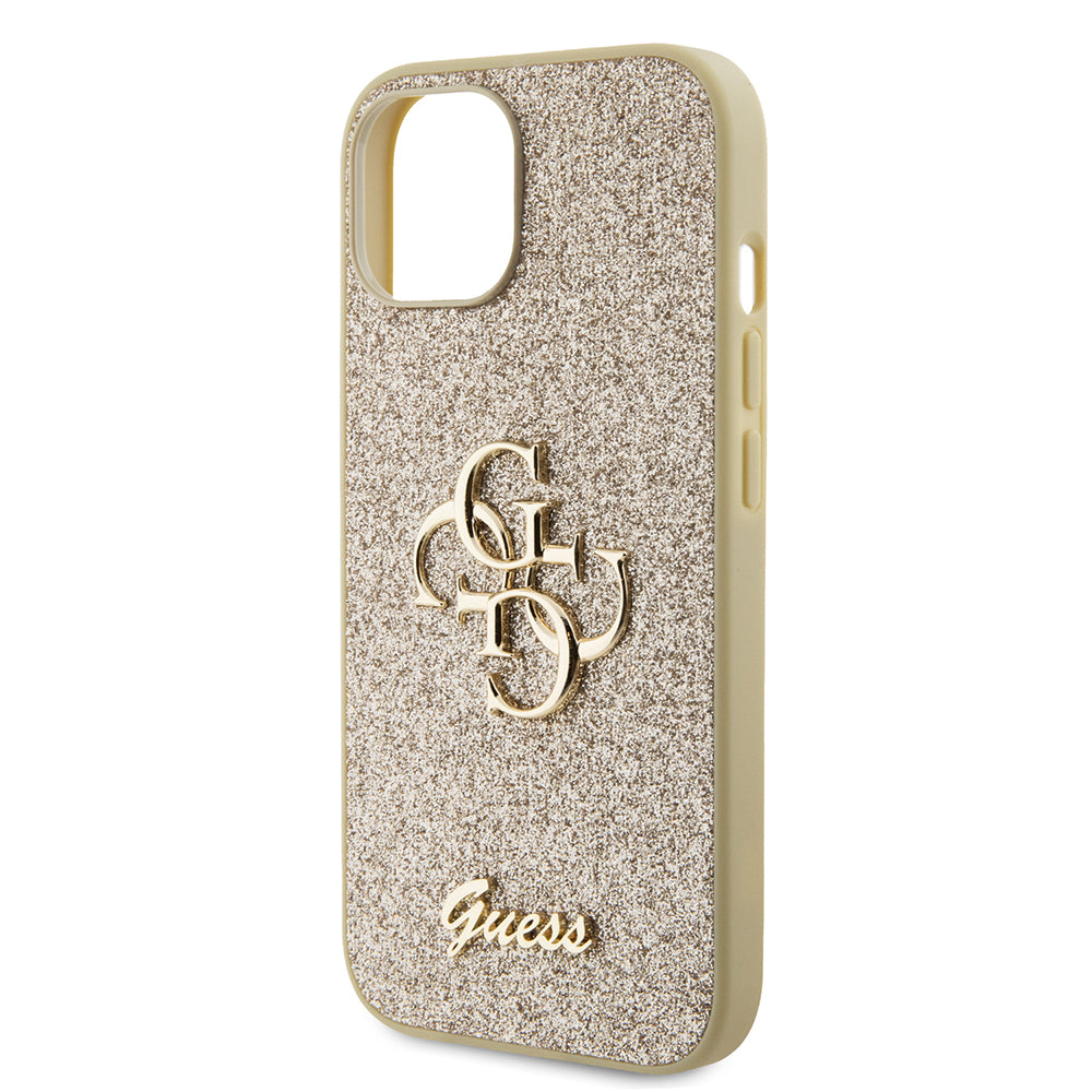 Pouzdro pro Apple iPhone 15, Guess, Glitter Big 4G Script, Zlaté