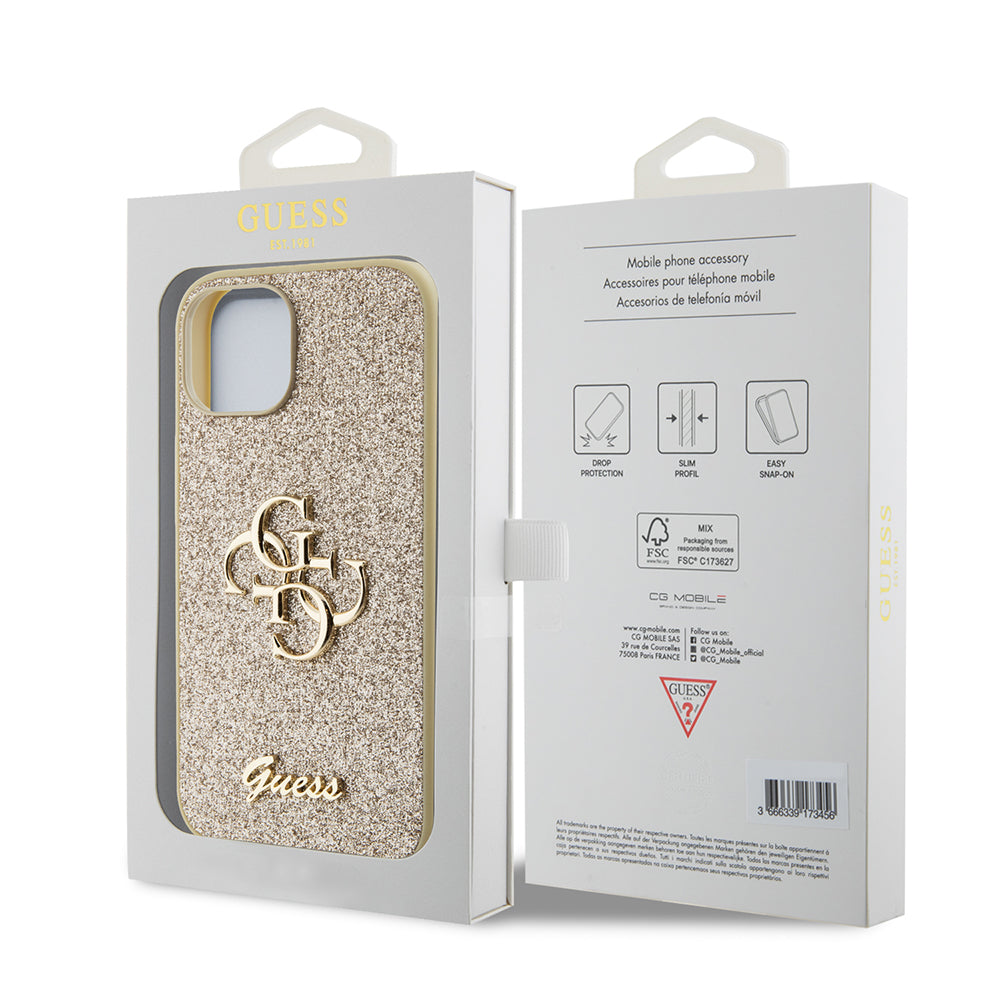 Pouzdro pro Apple iPhone 15, Guess, Glitter Big 4G Script, Zlaté