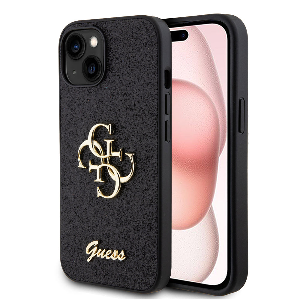 Pouzdro pro Apple iPhone 15, Guess, Glitter Big 4G Script, Černá