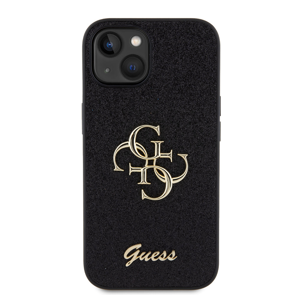 Pouzdro pro Apple iPhone 15, Guess, Glitter Big 4G Script, Černá