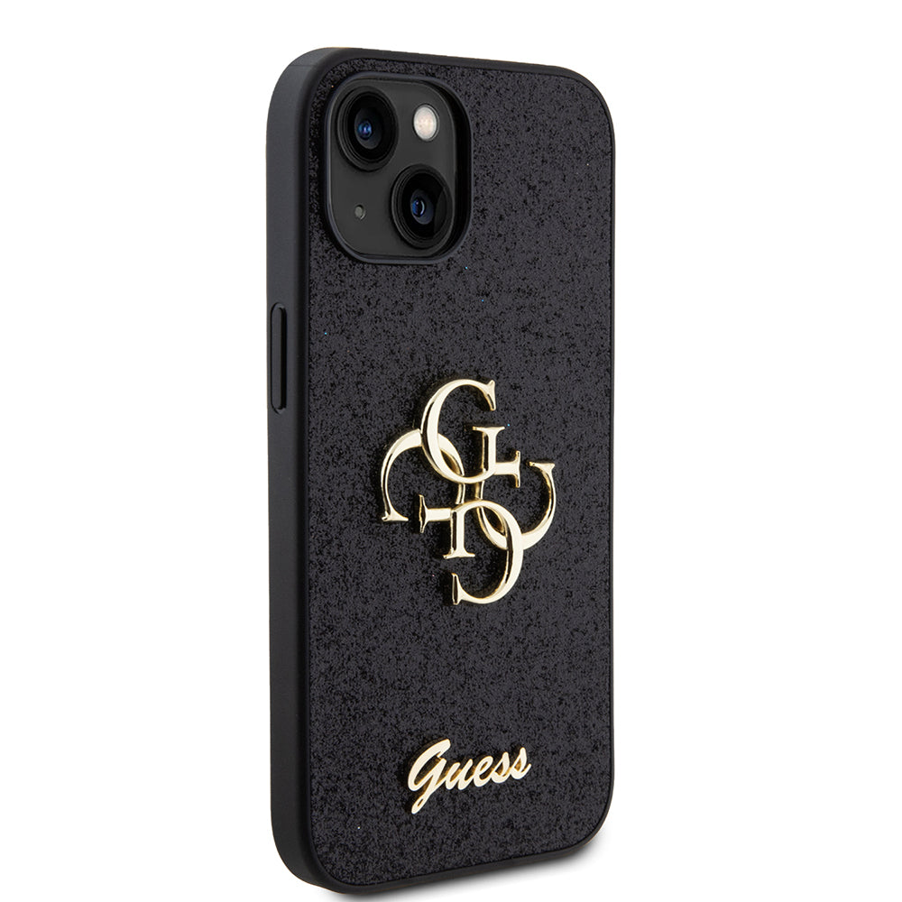 Pouzdro pro Apple iPhone 15, Guess, Glitter Big 4G Script, Černá