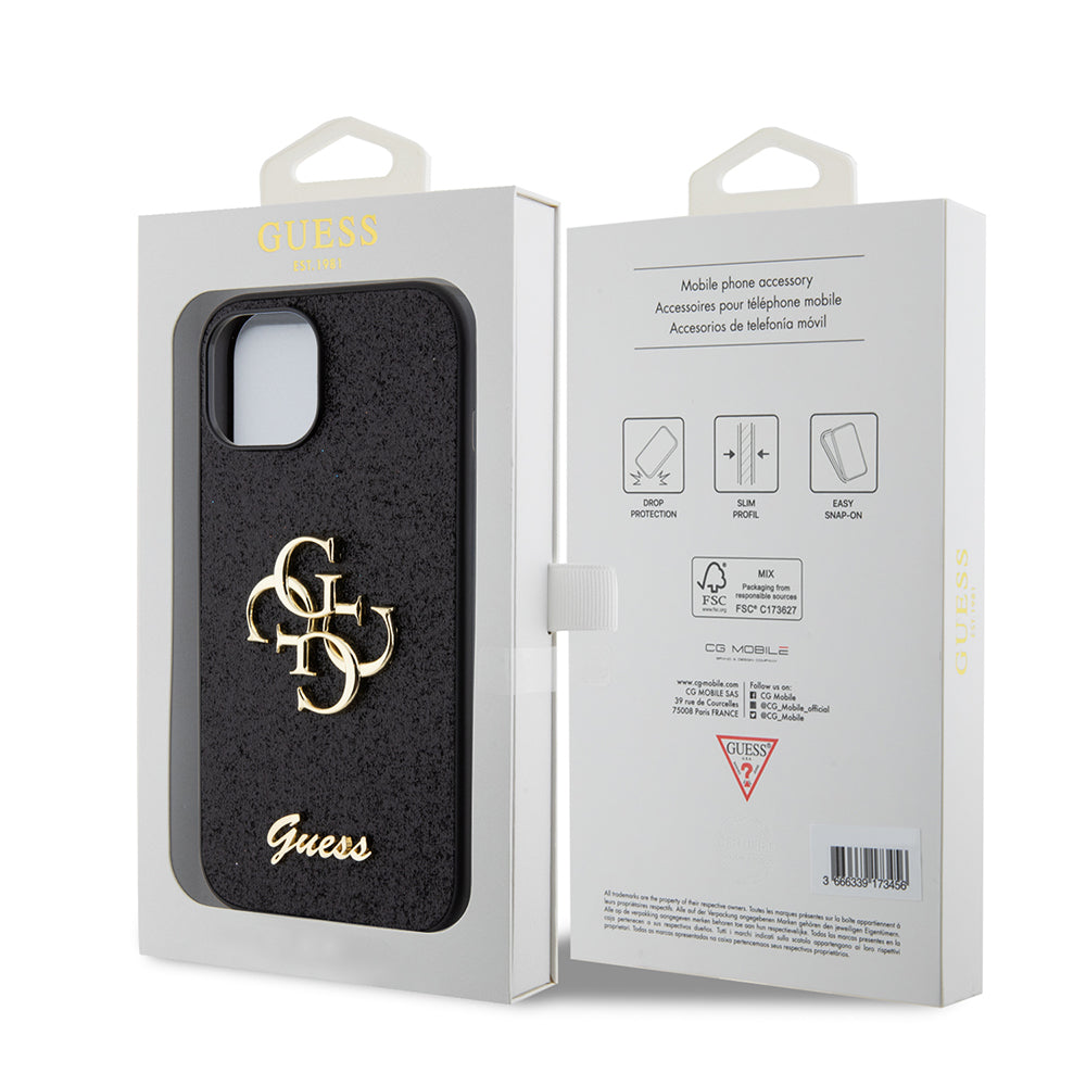 Pouzdro pro Apple iPhone 15, Guess, Glitter Big 4G Script, Černá
