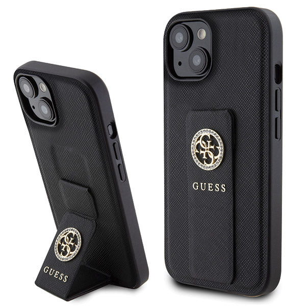 Pouzdro pro Apple iPhone 15, Guess, Grip Stand 4G Saffiano Strass, Černá