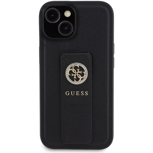 Pouzdro pro Apple iPhone 15, Guess, Grip Stand 4G Saffiano Strass, Černá