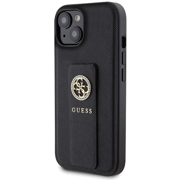Pouzdro pro Apple iPhone 15, Guess, Grip Stand 4G Saffiano Strass, Černá