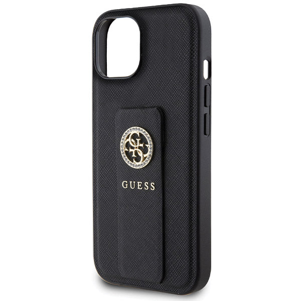 Pouzdro pro Apple iPhone 15, Guess, Grip Stand 4G Saffiano Strass, Černá