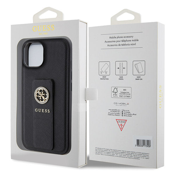 Pouzdro pro Apple iPhone 15, Guess, Grip Stand 4G Saffiano Strass, Černá