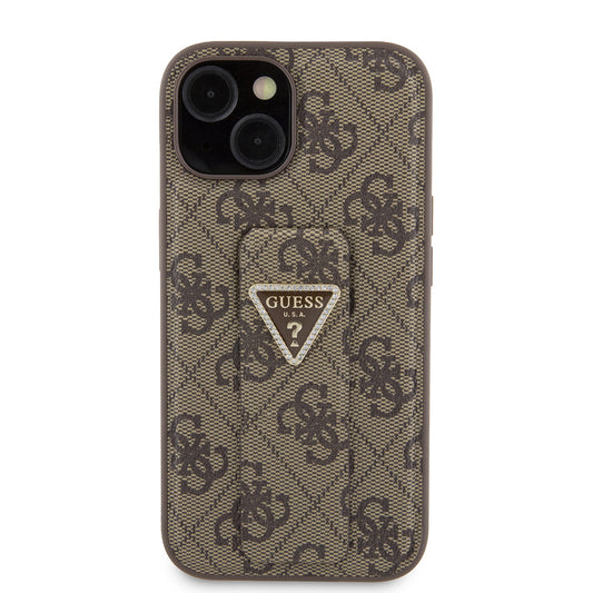Pouzdro pro Apple iPhone 15, Guess, Grip Stand 4G Triangle Strass, Hnědá