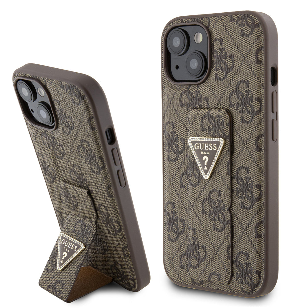 Pouzdro pro Apple iPhone 15, Guess, Grip Stand 4G Triangle Strass, Hnědá