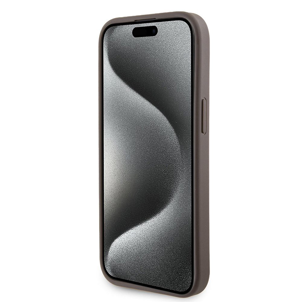 Pouzdro pro Apple iPhone 15, Guess, Grip Stand 4G Triangle Strass, Hnědá