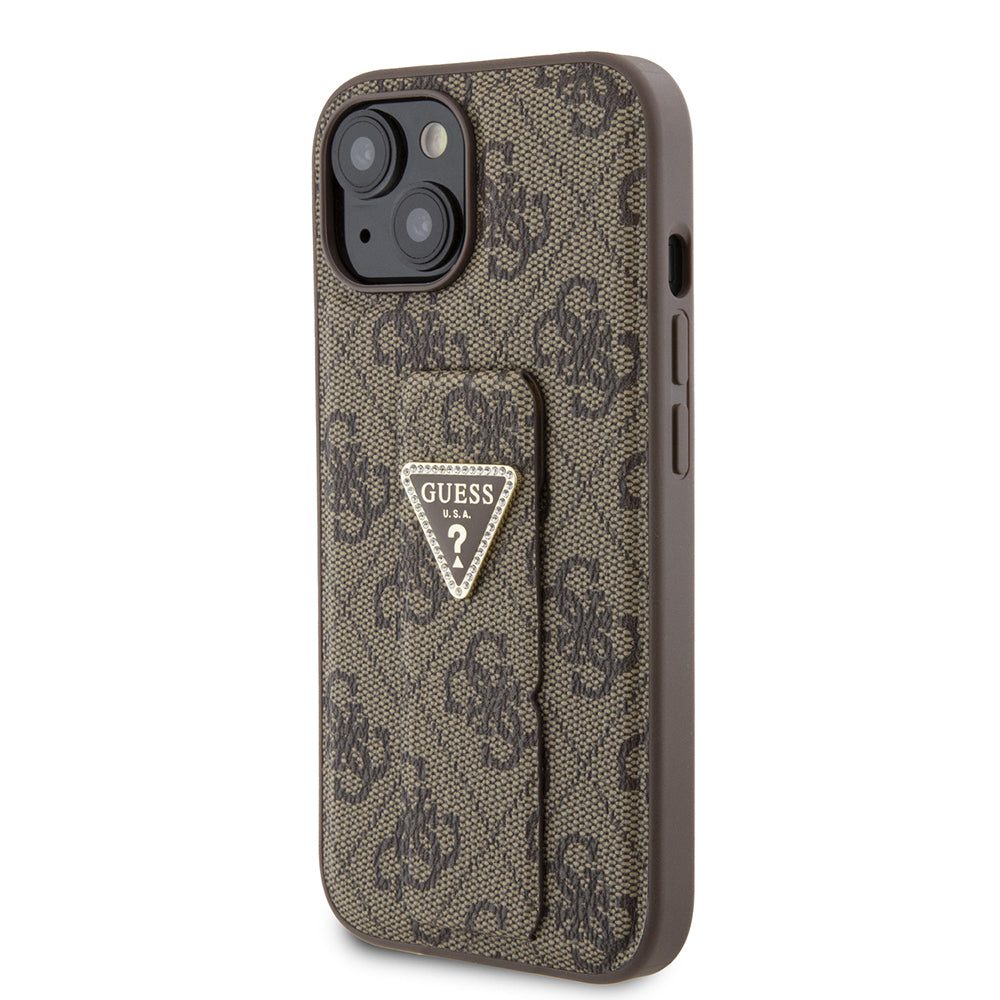 Pouzdro pro Apple iPhone 15, Guess, Grip Stand 4G Triangle Strass, Hnědá
