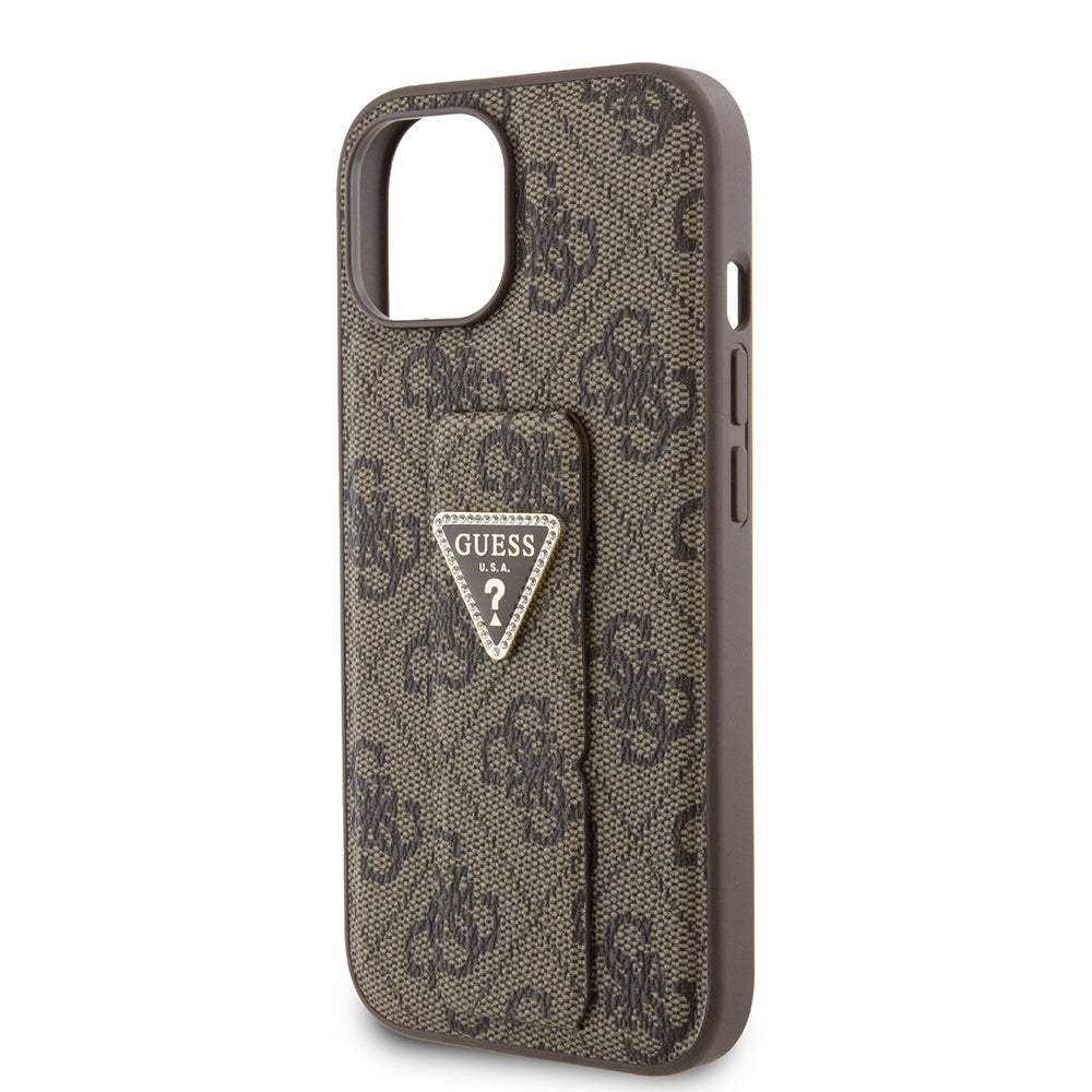 Pouzdro pro Apple iPhone 15, Guess, Grip Stand 4G Triangle Strass, Hnědá