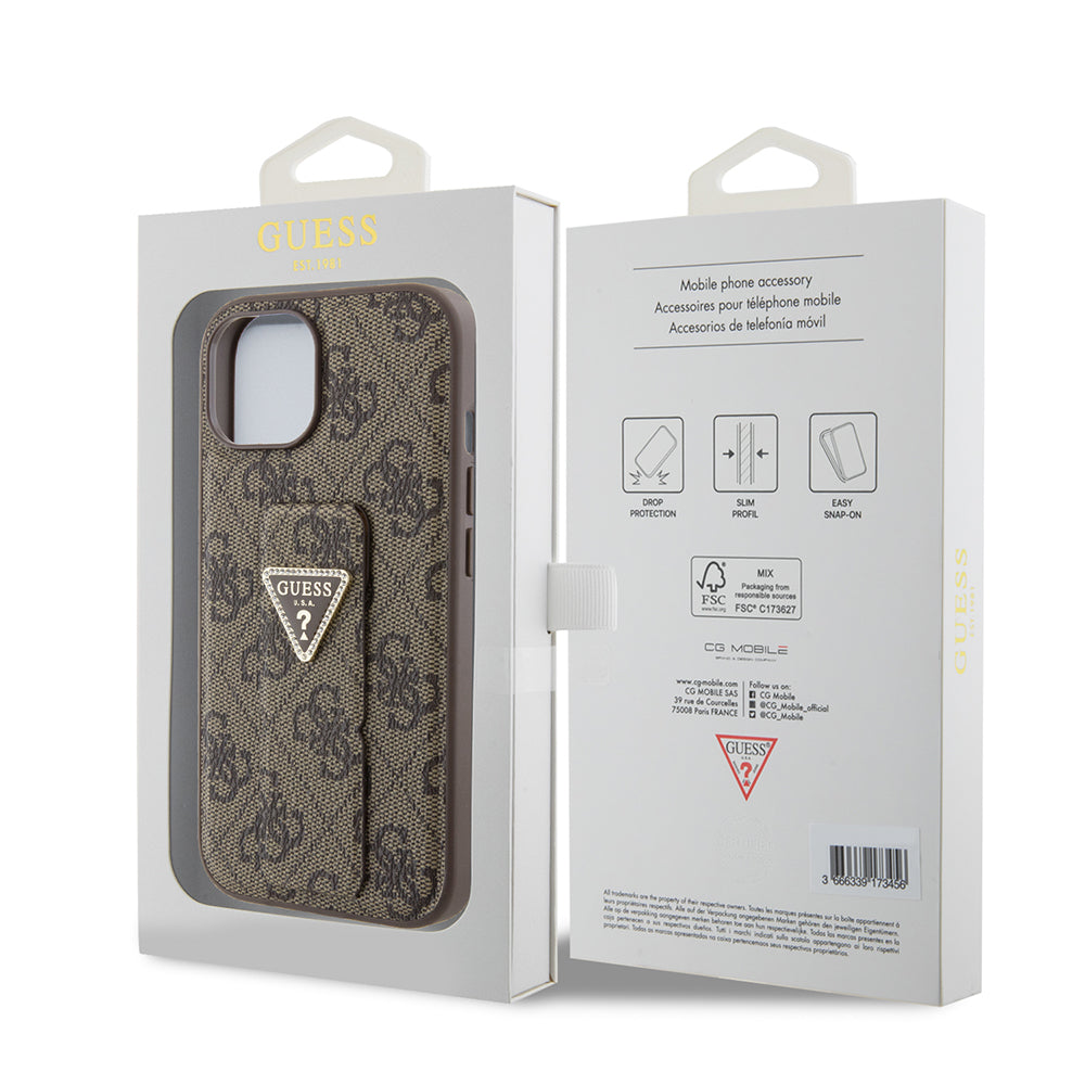 Pouzdro pro Apple iPhone 15, Guess, Grip Stand 4G Triangle Strass, Hnědá