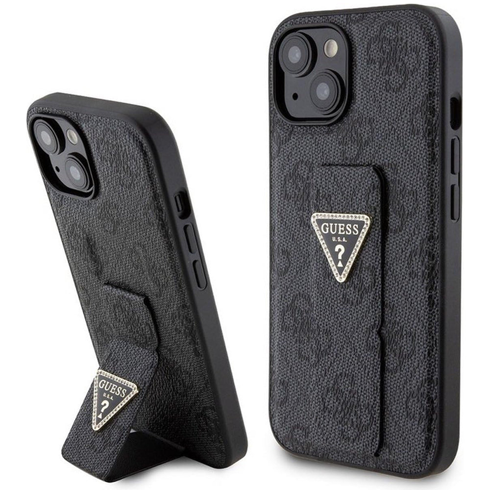Pouzdro pro Apple iPhone 15, Guess, Grip Stand 4G Triangle Strass, Černá