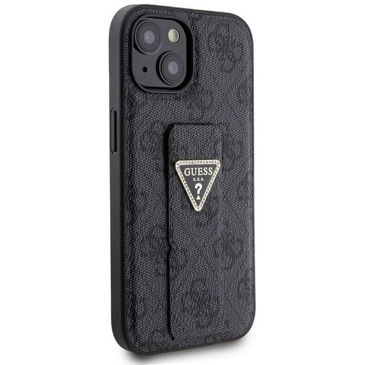 Pouzdro pro Apple iPhone 15, Guess, Grip Stand 4G Triangle Strass, Černá