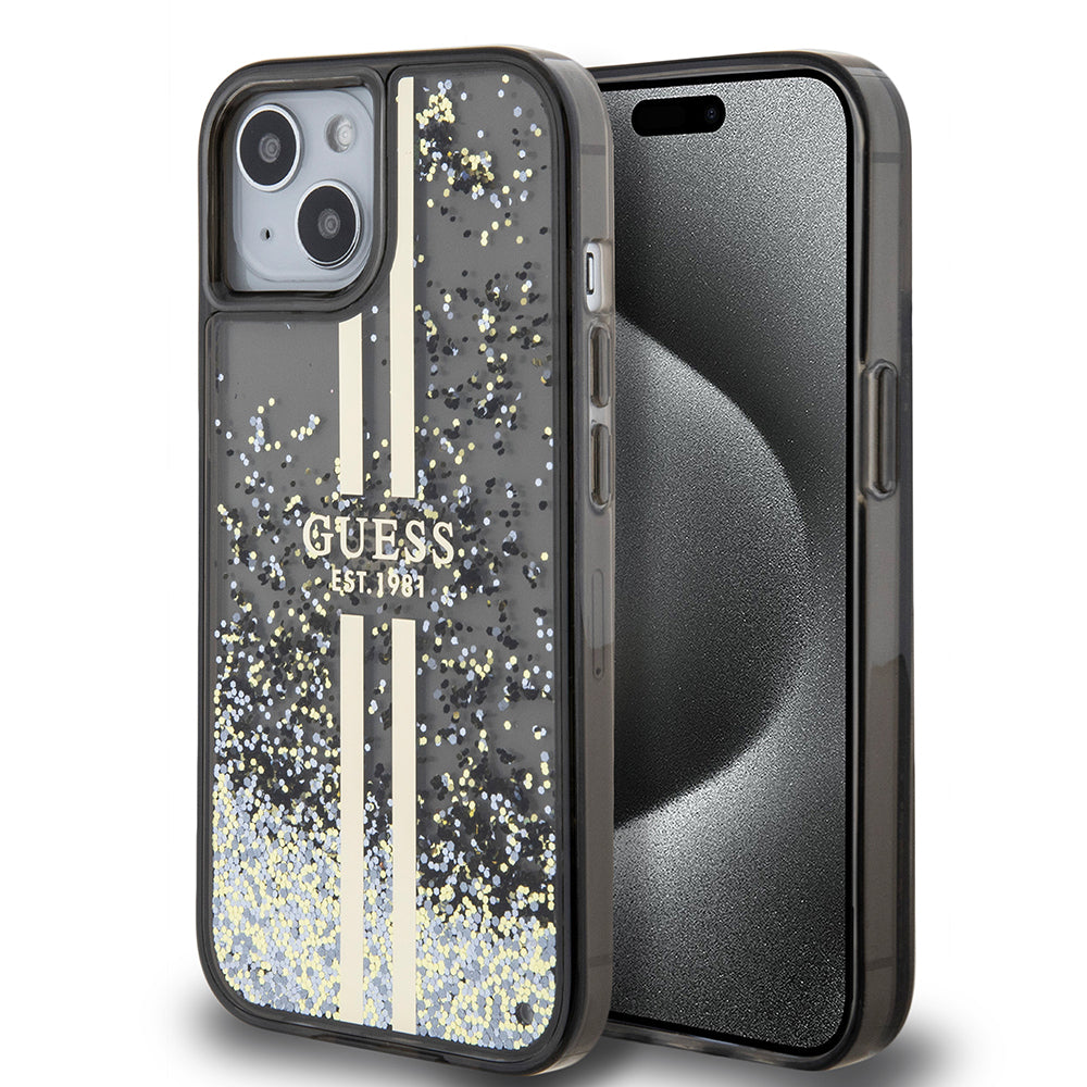Pouzdro pro Apple iPhone 15, Guess, Liquid Glitter Gold Stripes, Černá