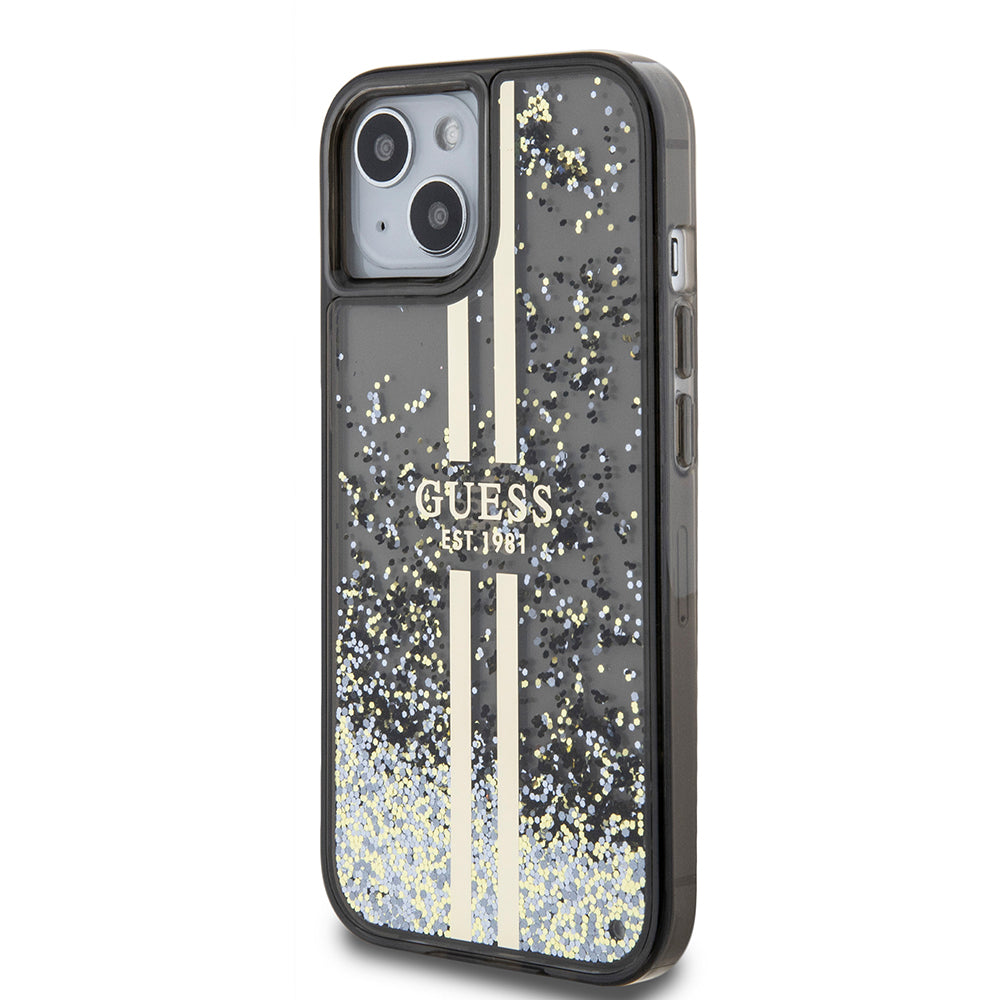 Pouzdro pro Apple iPhone 15, Guess, Liquid Glitter Gold Stripes, Černá