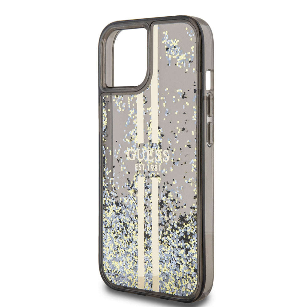 Pouzdro pro Apple iPhone 15, Guess, Liquid Glitter Gold Stripes, Černá