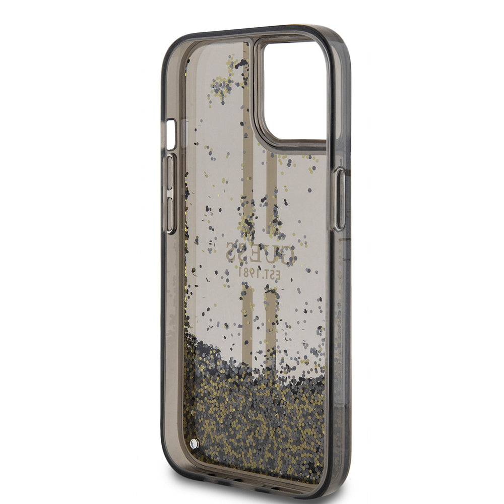 Pouzdro pro Apple iPhone 15, Guess, Liquid Glitter Gold Stripes, Černá