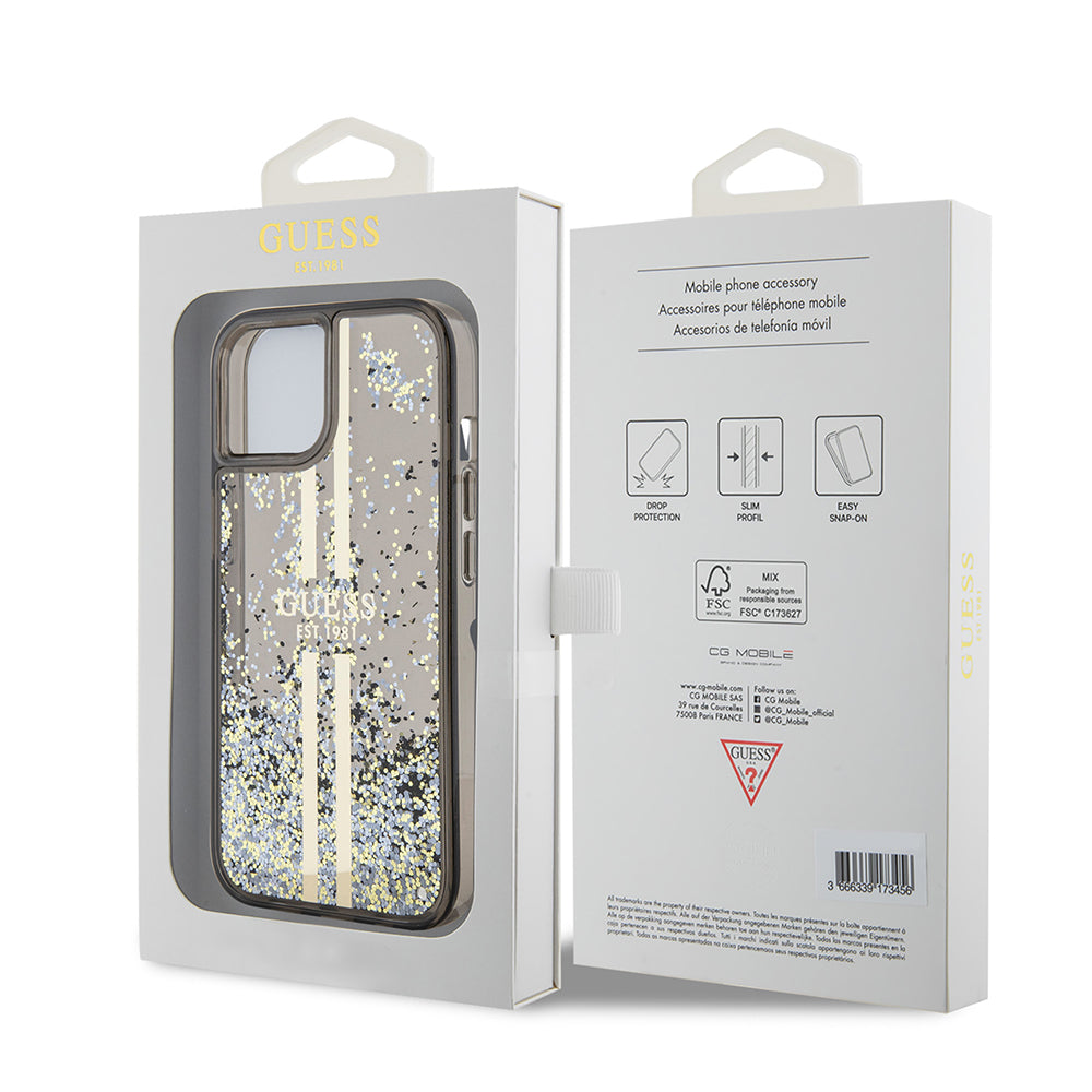 Pouzdro pro Apple iPhone 15, Guess, Liquid Glitter Gold Stripes, Černá