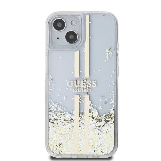 Pouzdro pro Apple iPhone 15, Guess, Liquid Glitter Gold Stripes, Průhledné