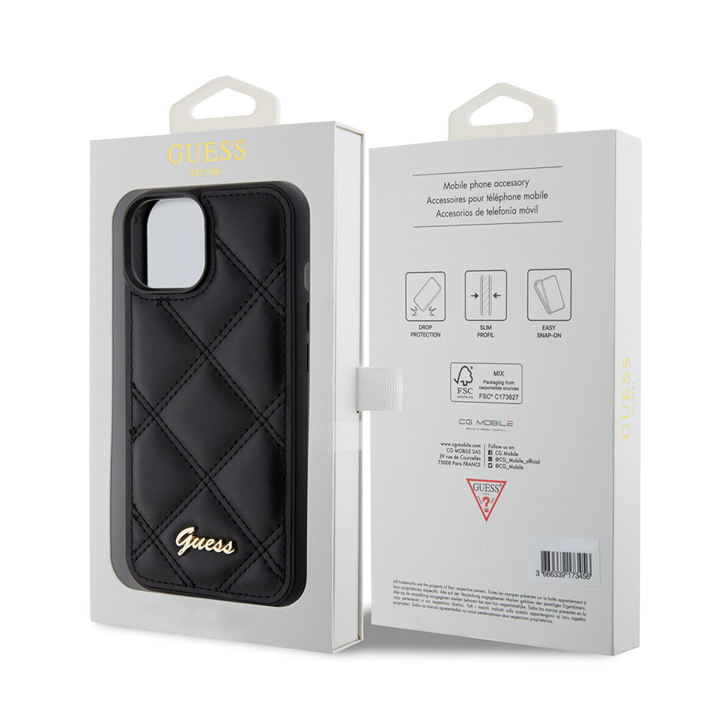 Pouzdro pro Apple iPhone 15, Guess, Quilted Metal Logo, Černá