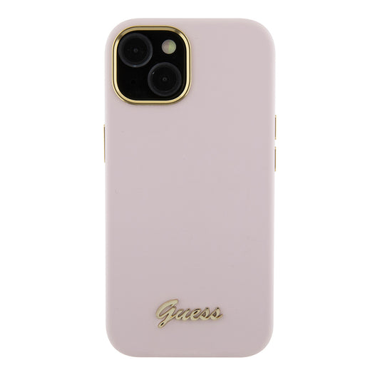 Pouzdro pro Apple iPhone 15, Guess, Script Metal Logo & Frame, Světle růžová