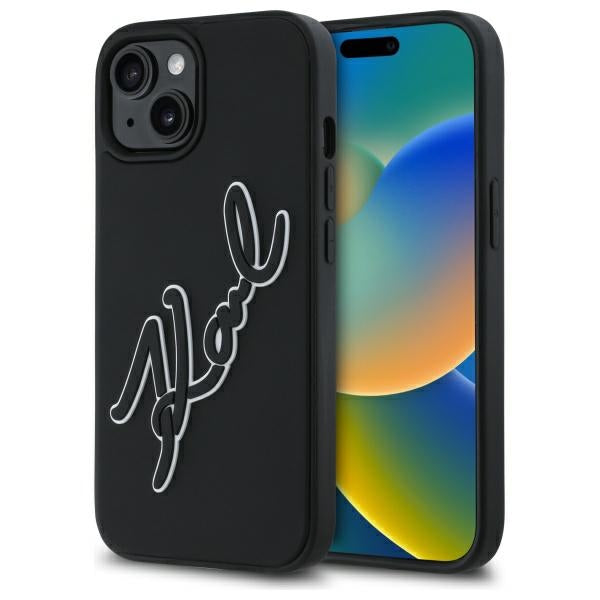Pouzdro pro Apple iPhone 15, Karl Lagerfeld, 3D Rubber Signature, Černá