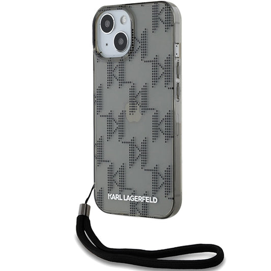 Pouzdro pro Apple iPhone 15, Karl Lagerfeld, IML Luxury Monogram KL Pattern with Strap, Černá