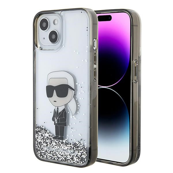 Pouzdro pro Apple iPhone 15, Karl Lagerfeld, Liquid Glitter Ikonik Karl, Průhledné