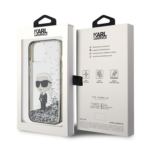 Pouzdro pro Apple iPhone 15, Karl Lagerfeld, Liquid Glitter Ikonik Karl, Průhledné