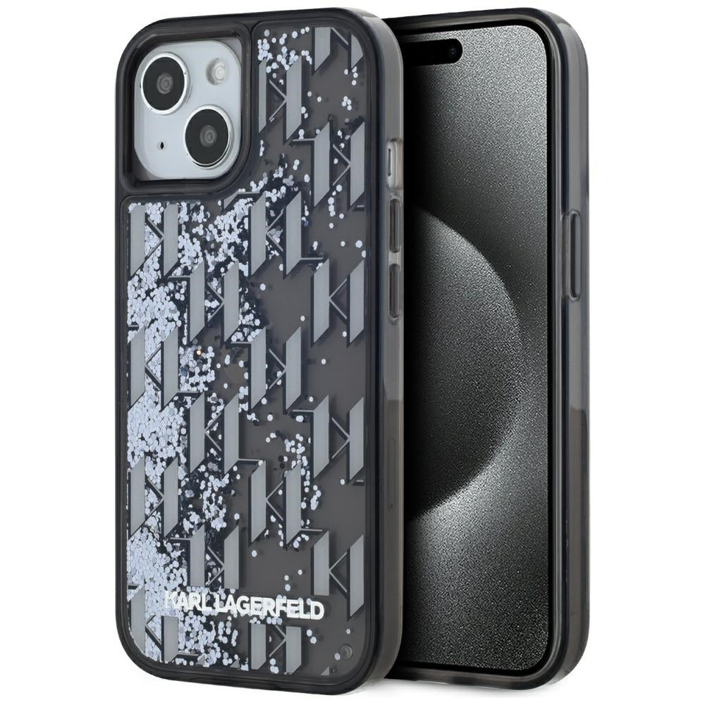 Pouzdro pro Apple iPhone 15, Karl Lagerfeld, Liquid Glitter Monogram, Černá