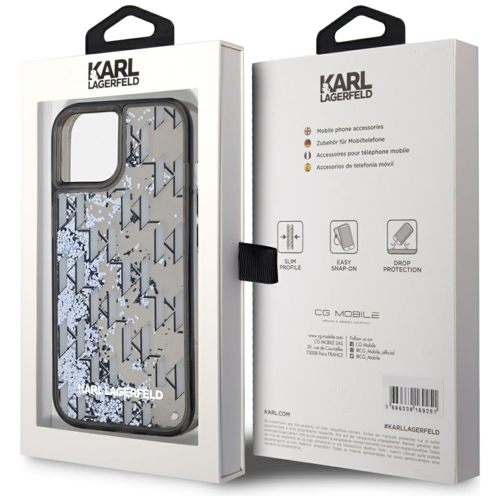 Pouzdro pro Apple iPhone 15, Karl Lagerfeld, Liquid Glitter Monogram, Černá