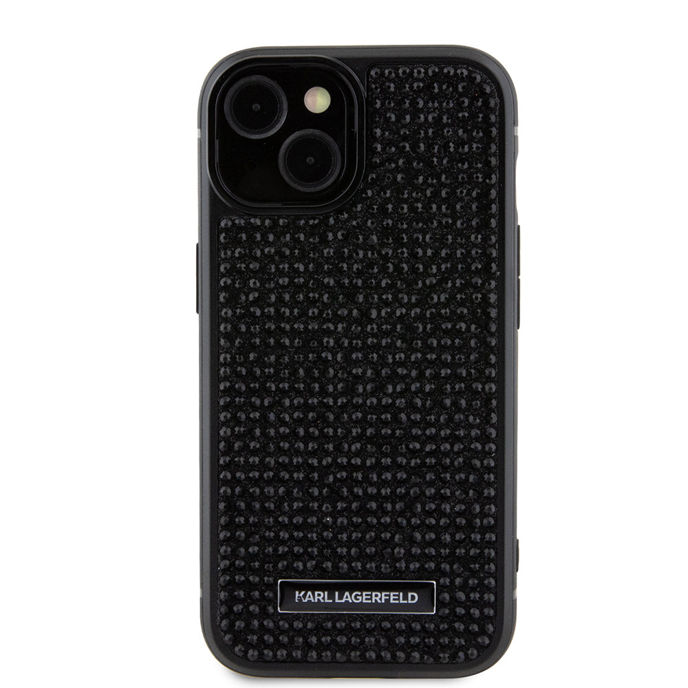 Pouzdro pro Apple iPhone 15, Karl Lagerfeld, Rhinestone Metal Plate, Černá