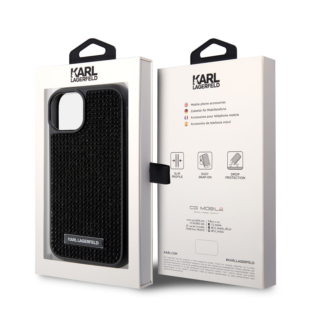 Pouzdro pro Apple iPhone 15, Karl Lagerfeld, Rhinestone Metal Plate, Černá