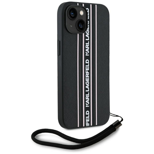 Pouzdro pro Apple iPhone 15, Karl Lagerfeld, Saffiano Athleisure Stripes with Strap, Růžové