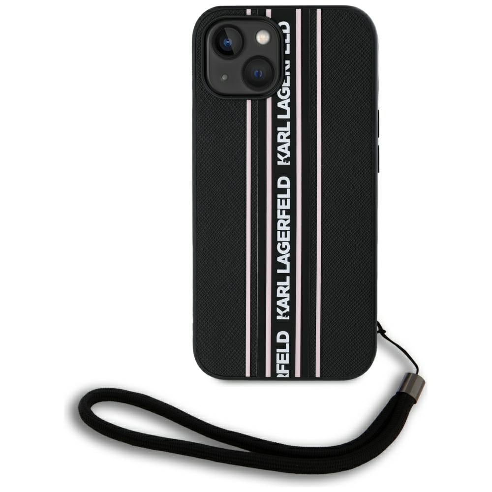 Pouzdro pro Apple iPhone 15, Karl Lagerfeld, Saffiano Athleisure Stripes with Strap, Růžové