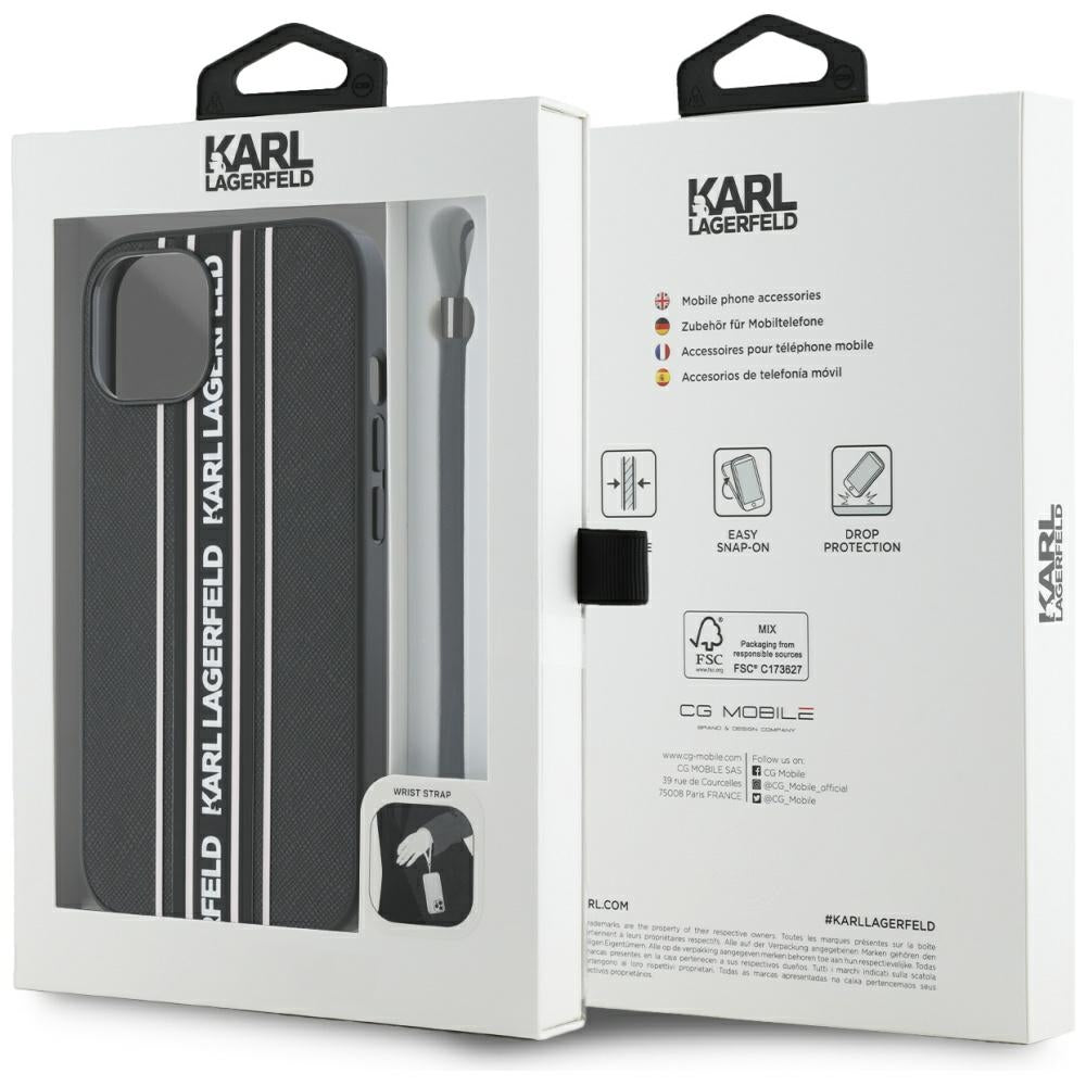 Pouzdro pro Apple iPhone 15, Karl Lagerfeld, Saffiano Athleisure Stripes with Strap, Růžové
