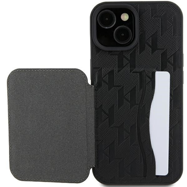 Case for Apple iPhone 15, Karl Lagerfeld, Saffiano Cardslots and Stand Monogram Choupette, Black
