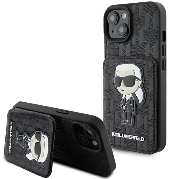 Pouzdro pro Apple iPhone 15, Karl Lagerfeld, Saffiano Cardslots and Stand Monogram Ikonik Karl, Černá