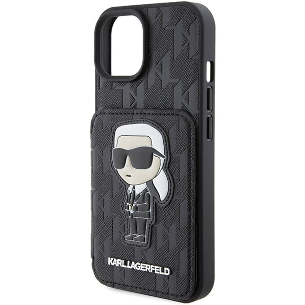 Pouzdro pro Apple iPhone 15, Karl Lagerfeld, Saffiano Cardslots and Stand Monogram Ikonik Karl, Černá