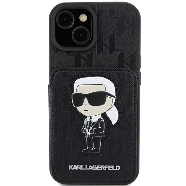 Pouzdro pro Apple iPhone 15, Karl Lagerfeld, Saffiano Cardslots and Stand Monogram Ikonik Karl, Černá