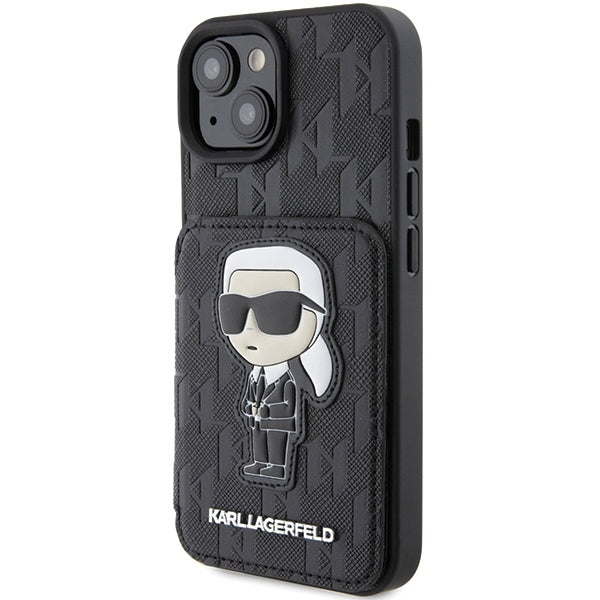 Pouzdro pro Apple iPhone 15, Karl Lagerfeld, Saffiano Cardslots and Stand Monogram Ikonik Karl, Černá