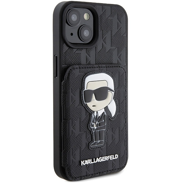 Pouzdro pro Apple iPhone 15, Karl Lagerfeld, Saffiano Cardslots and Stand Monogram Ikonik Karl, Černá