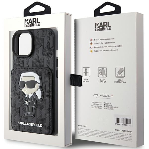 Pouzdro pro Apple iPhone 15, Karl Lagerfeld, Saffiano Cardslots and Stand Monogram Ikonik Karl, Černá