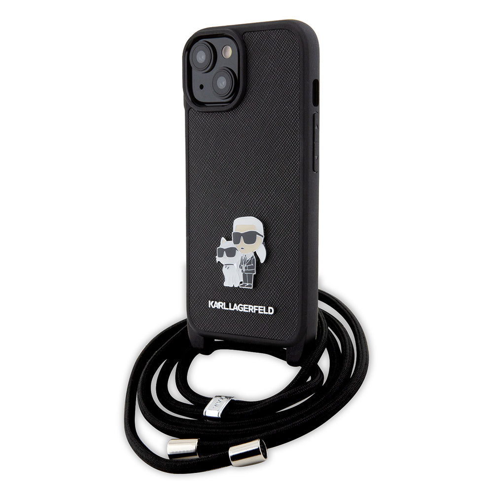 Pouzdro pro Apple iPhone 15, Karl Lagerfeld, Saffiano Crossbody Metal Pin Karl & Choupette, Černá