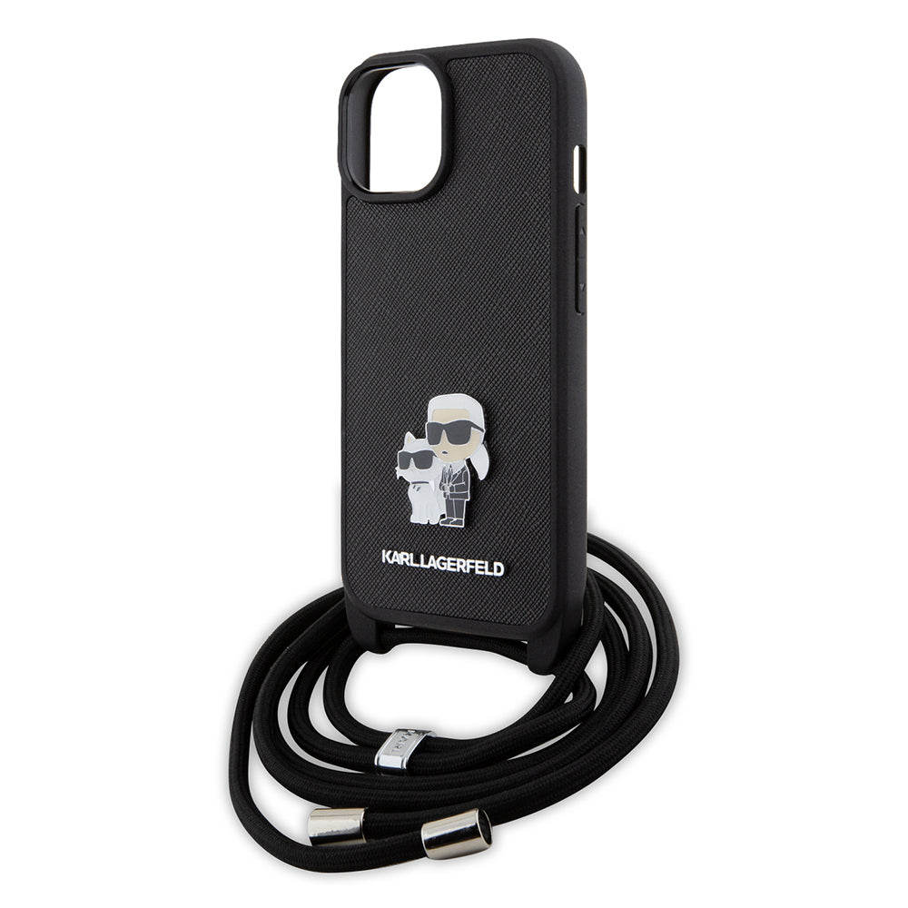 Pouzdro pro Apple iPhone 15, Karl Lagerfeld, Saffiano Crossbody Metal Pin Karl & Choupette, Černá
