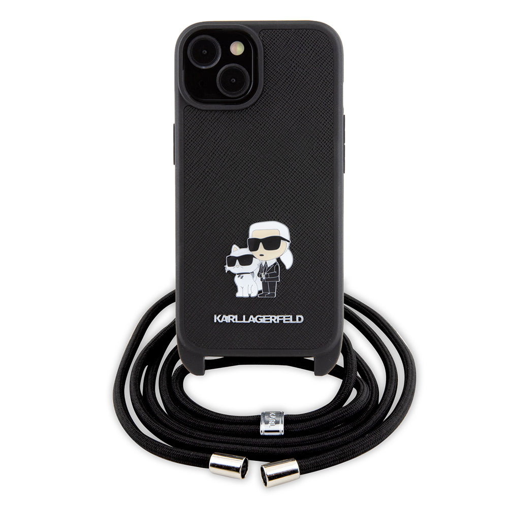 Pouzdro pro Apple iPhone 15, Karl Lagerfeld, Saffiano Crossbody Metal Pin Karl & Choupette, Černá