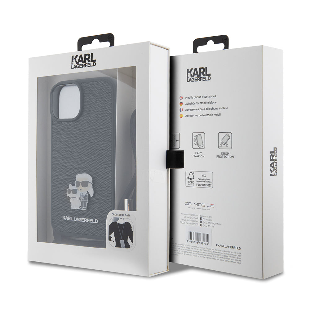 Pouzdro pro Apple iPhone 15, Karl Lagerfeld, Saffiano Crossbody Metal Pin Karl & Choupette, Černá